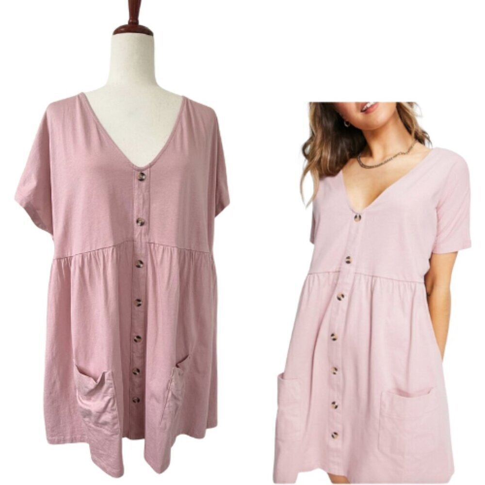 ASOS Pink Button Through Mini Smock Dress with Pockets Size 6